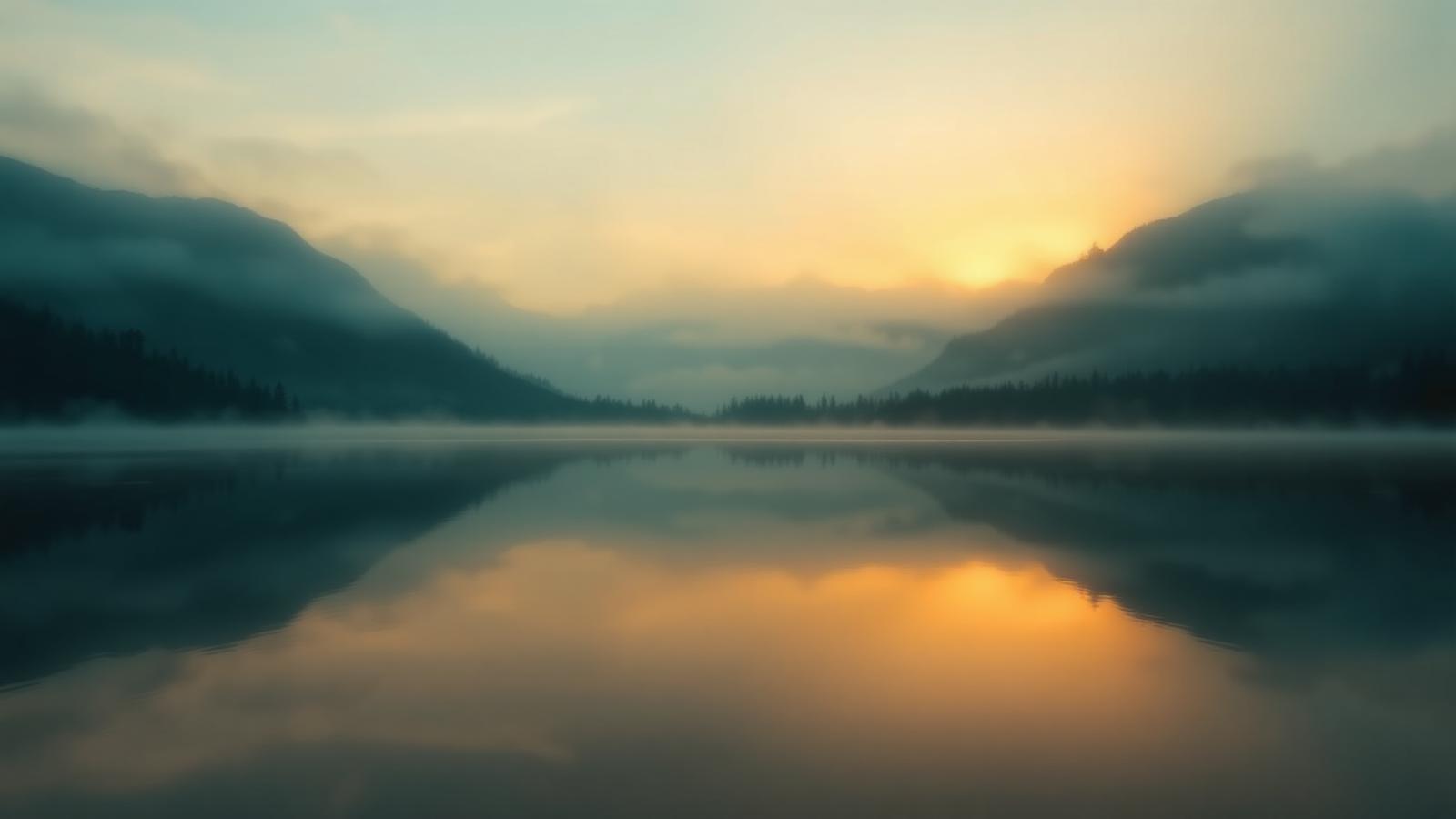 Misty mountain sunrise reflected in a still lake